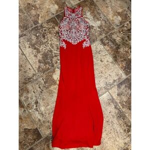 Elizabeth K GLS Prom Dress Womens Small Red Silver Beaded Formal Gown High Neck